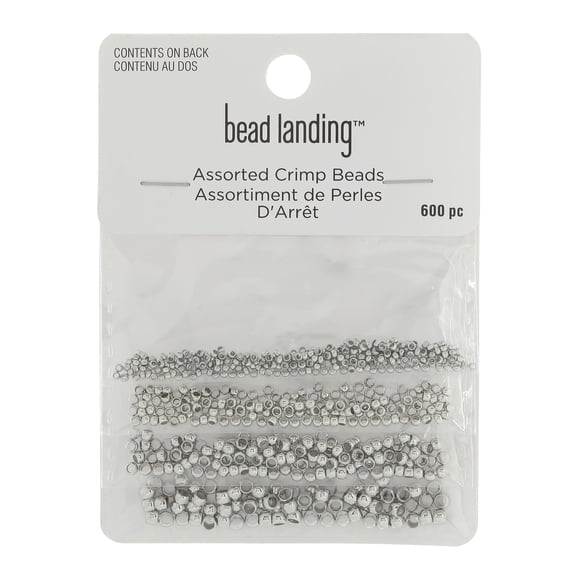 Assorted Rhodium Metal Crimp Beads by Bead Landing – 600 Pieces per Pack (7,200 Total) - 4 Sizes in Mixed Finishes for Jewelry Making - Brass - 12 Pack