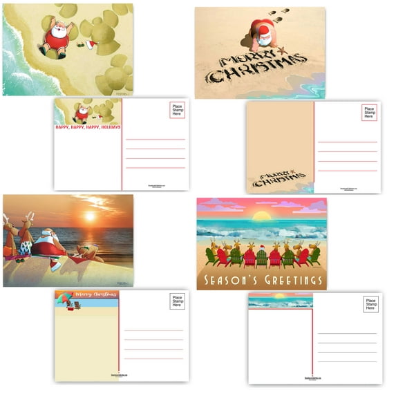 Assorted Santa and Reindeer at Beach Christmas Postcard - 40 Holiday Postcards -