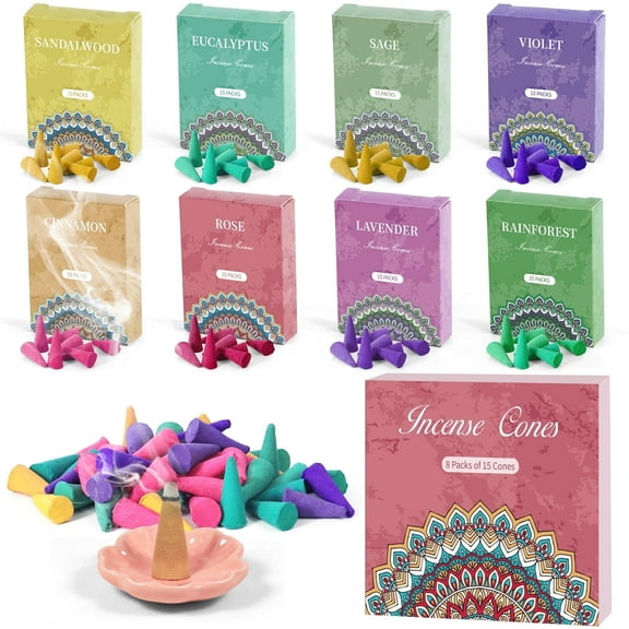 Assorted Scented Incense Cones with Holder, Rose, Sage, Lavender, Violet, Cinnamon, Eucalyptus, Sandalwood, Rain Forest, 120 Count
