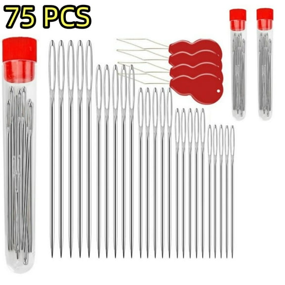 Assorted Size Hand Sewing Needles - 75 Pc Set with Large Eyes & Needle Threaders  ﻿