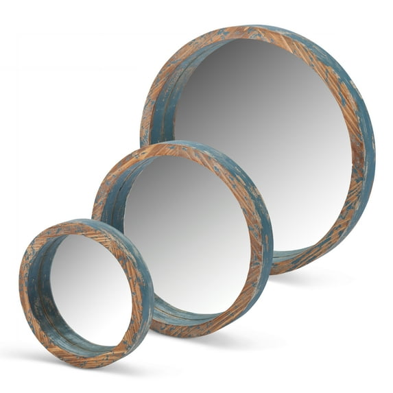 Assorted-Size, Nested, Round Wooden Mirrors with Blue Worn Wood Rims (Set of 3)