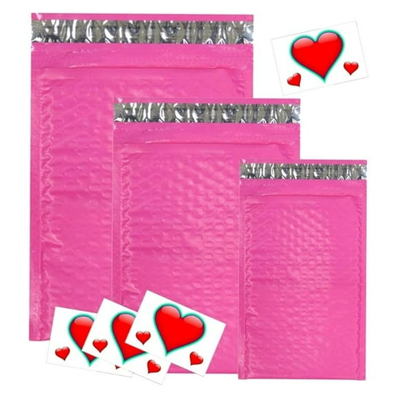 Assorted Sizes 8.5x12, 6x9, and 4x8 Hot Pink Bubble Mailers with Heart Thank You Stickers