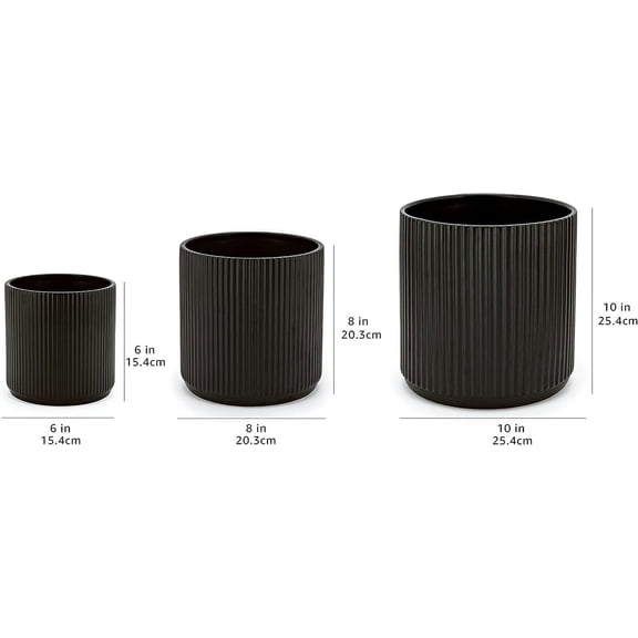 Assorted Sizes Fluted Ceramic Round Planters, Set of 3, 6 inch, 8 inch, 10 inch, Black