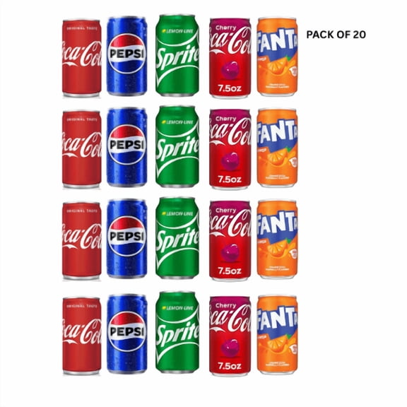 Assorted Soda Sofdrinks (Fanta, Sprite, Coke, Coke Cherry, and Pepsi Mini Cans)  7.5 oz Variety Pack (20 Pack)