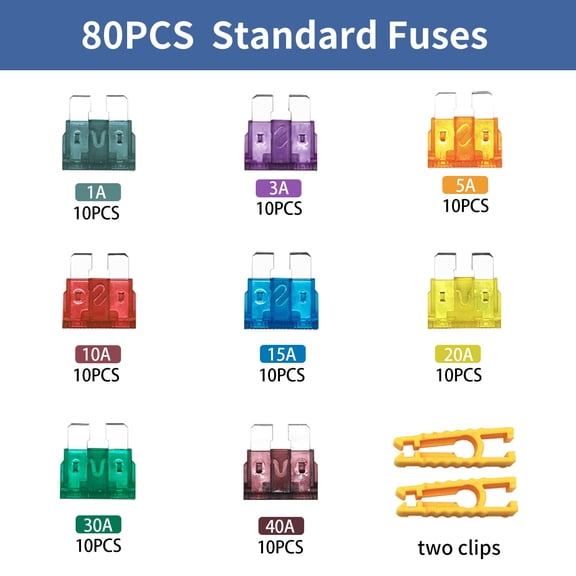 Assorted Standard Automotive Blade Fuses 80 Pieces Multi Amp 1A to 40AMP Vehicle Fuse Set for SUV, Travel Trailer, Boat and Auto Electrical Maintenance