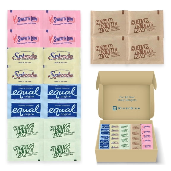 Assorted Sugar & Sweetener Packets Packaged by RiverBlue Good For Traveling,Everyday,Restaurant,Concession Stands And Coffee Shops Variety Pack (350 Pack)