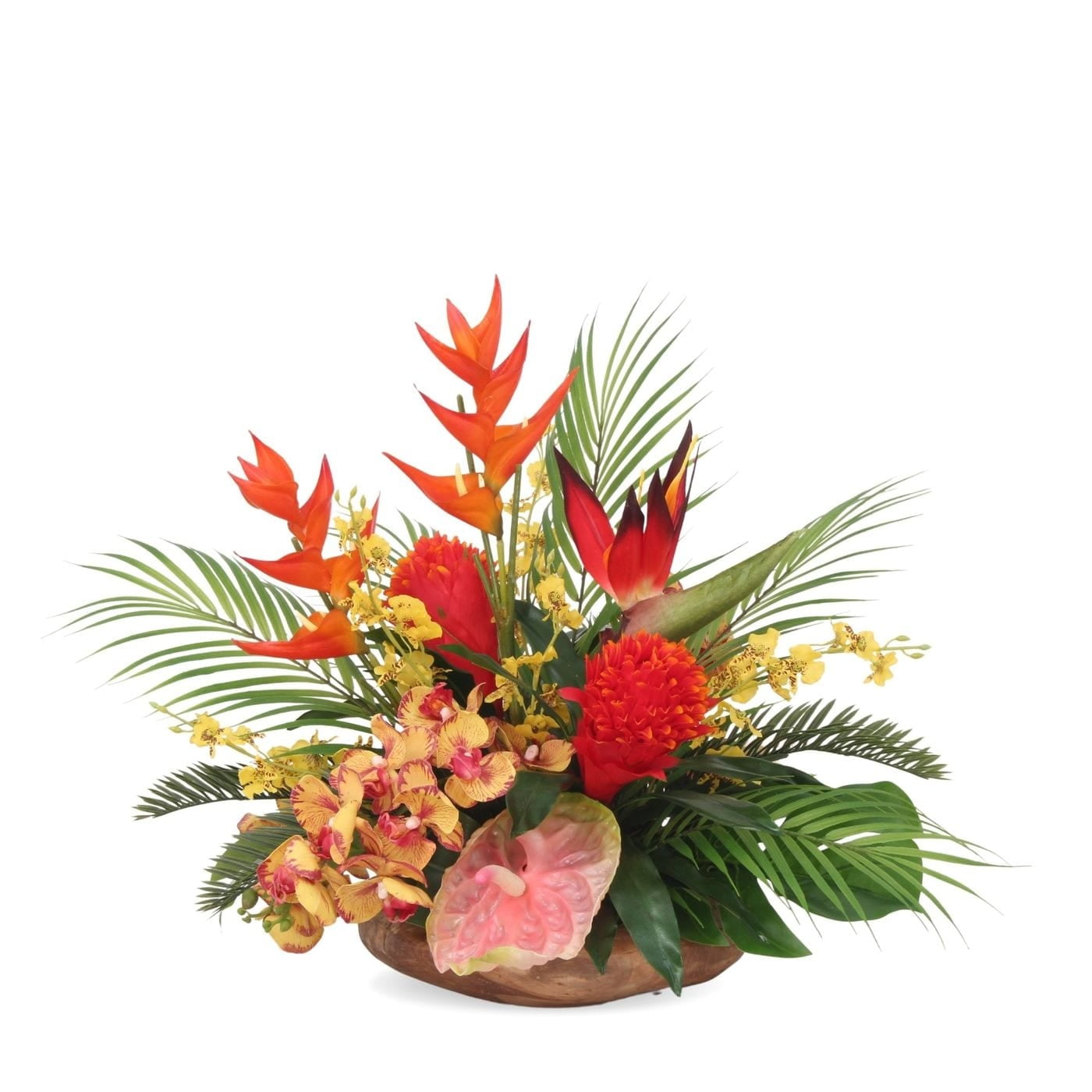 Tropical Paradise Silk Floral Arrangement in Teak Wood Bowl