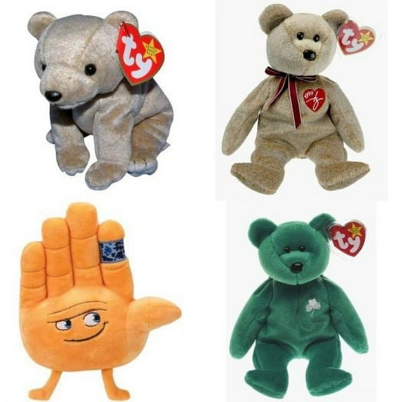 Assorted Ty Beanie Baby 4 Pack Bundle: Ty Beanie Baby - Almond the Bear 1999, Ty Beanie Babies - 1999 Signature Bear, Ty HI 5 Stuffed Hand Emoji Movie, Ty Beanie Babies Erin The Irish St Patricks Tedd