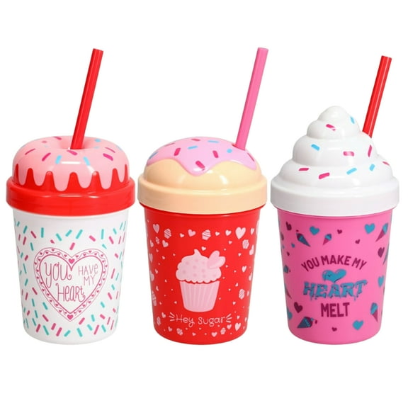 Assorted Valentines Day Dessert Shaped Plastic Cups with Straws and Lids Drinking Tumblers for Home Kitchen Dining Party Favor Birthday Table Drinkware Decorations Gift Supplies Set of 3