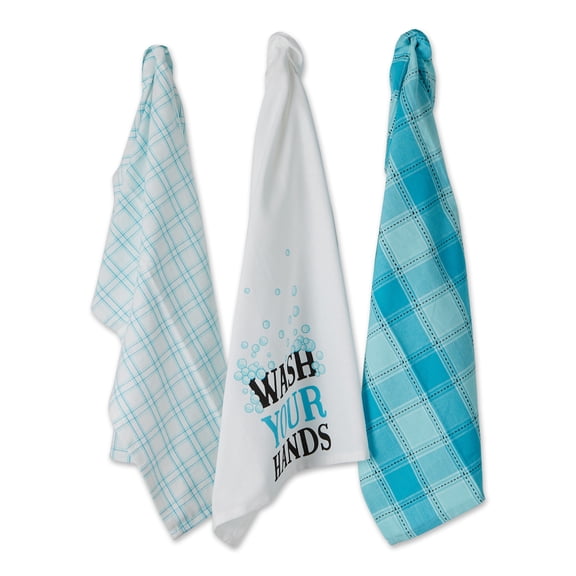 Set of 3 Blue and White Wash Your Hands Dish Towel, 28"