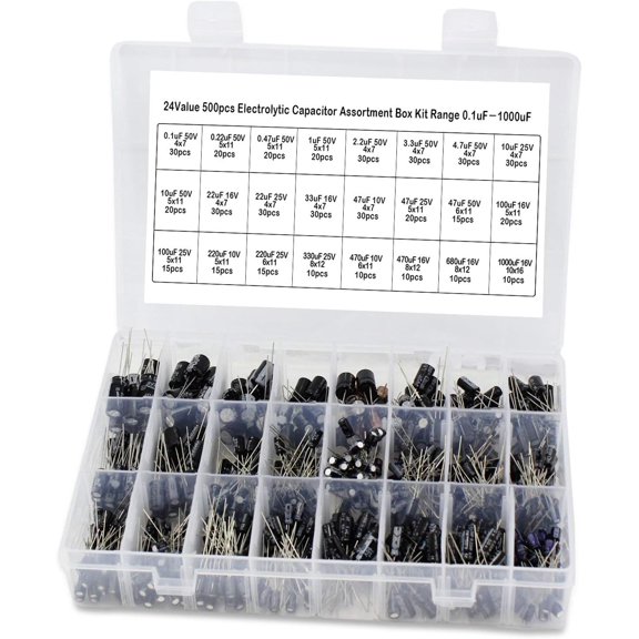 Assortment Kit for Electronics Enthusiasts, Aluminum Electrolytic Capacitor with Storage Box, Compatible with DIY Projects Across Temperature Range, 24 Values 500Pcs 10V 16V 25V