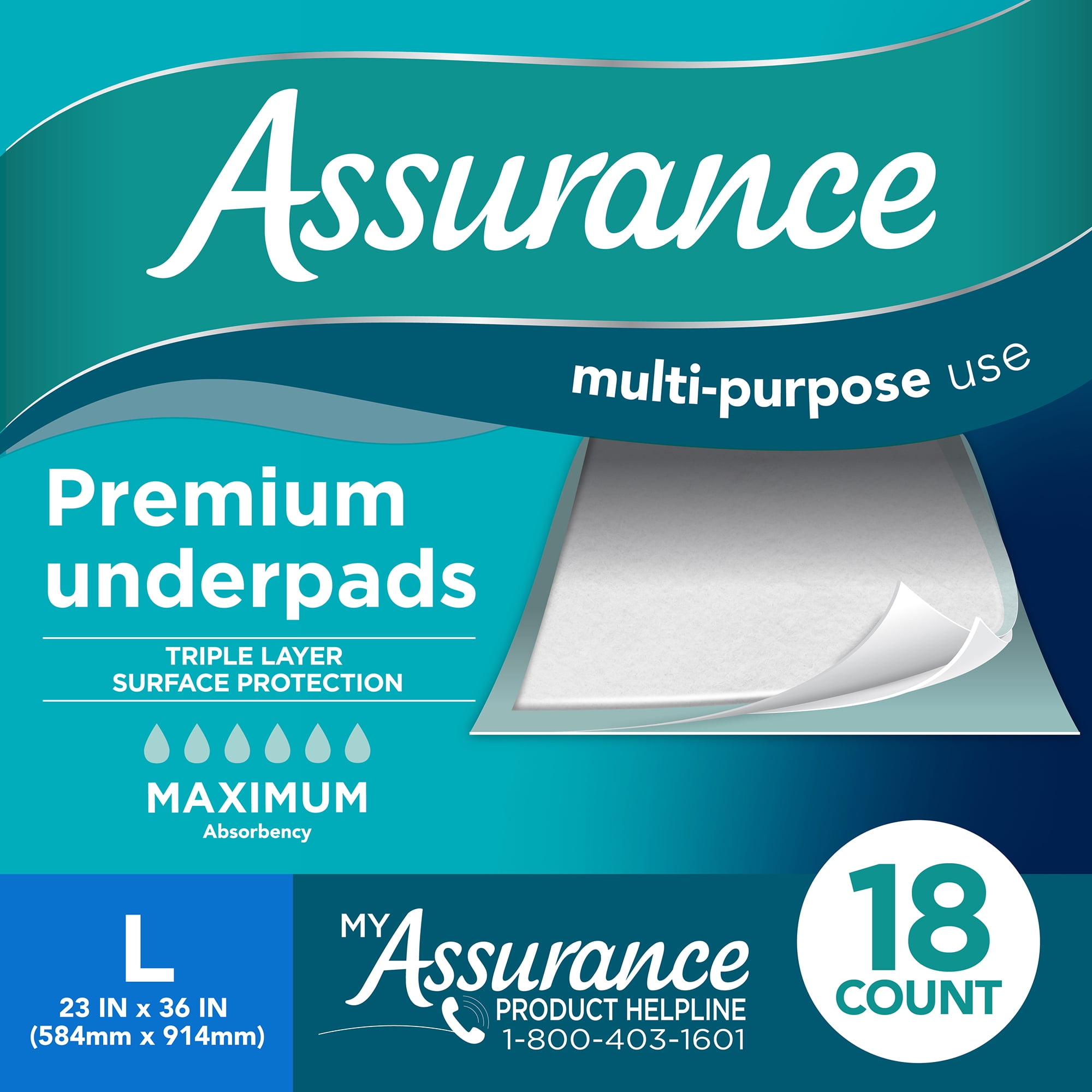 Assurance Maximum Absorbency Unisex Premium Underpad, L, 18 count