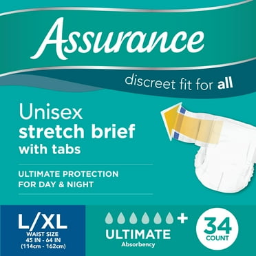 Assurance Unisex Incontinence Stretch Briefs with Tabs for Adults, L/XL , Ultimate Absorbency (34 Count)