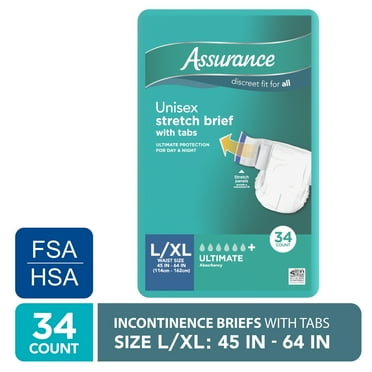Assurance Unisex Stretch Briefs with Tabs, L/XL, 34 Count