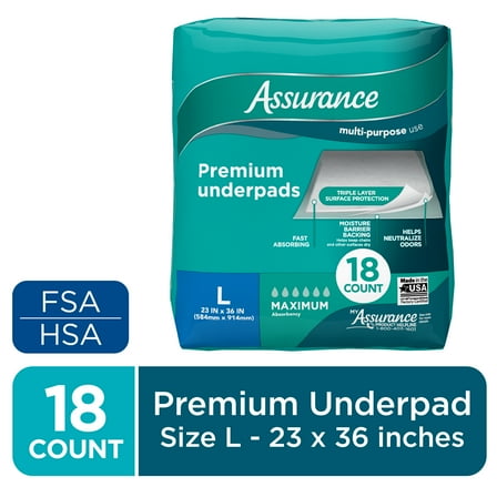 Assurance Unisex Premium Underpad for Adults, L , Maximum Absorbency (18 Count)