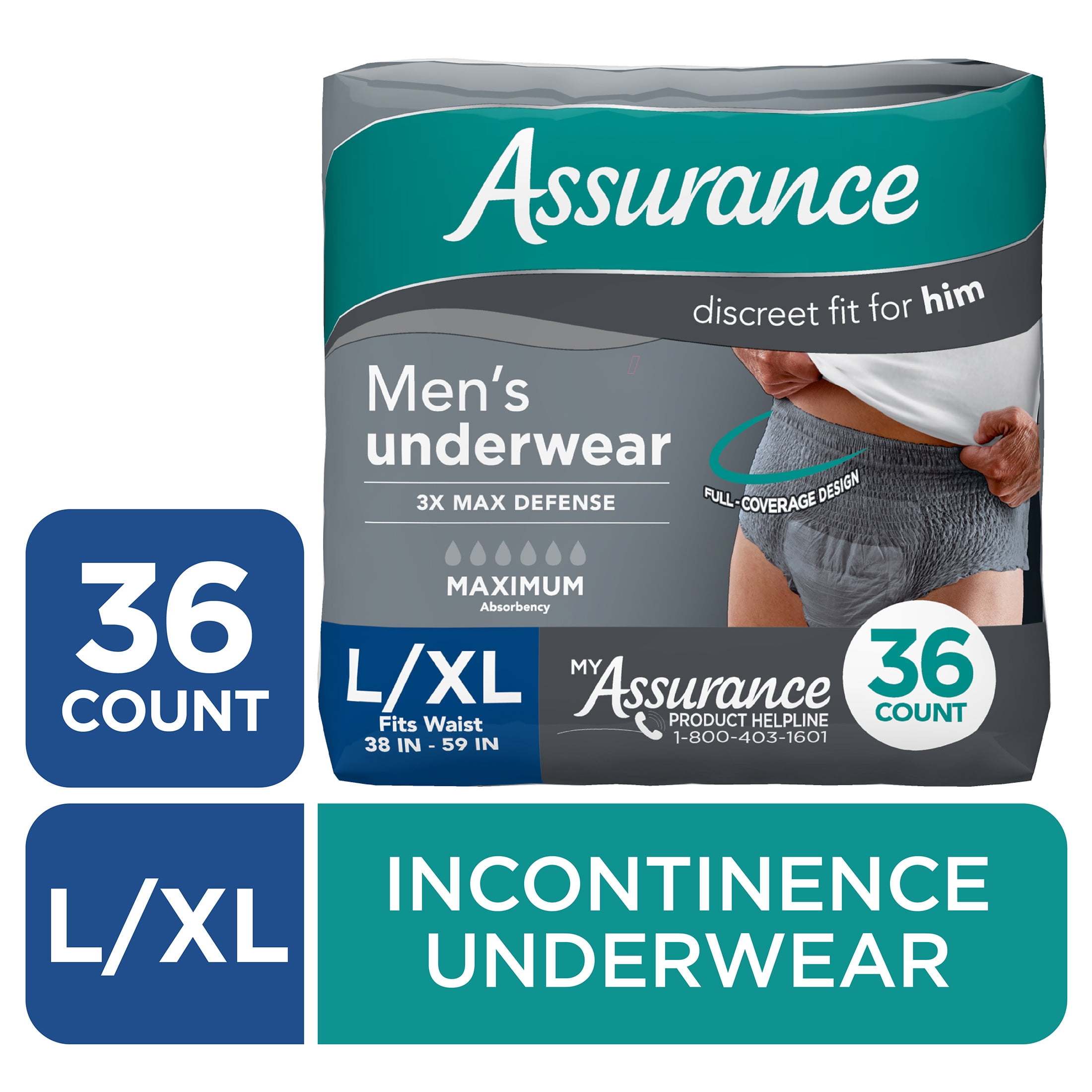 Assurance Men's Incontinence Underwear, L/XL, Maximum Absorbency, 36 Count