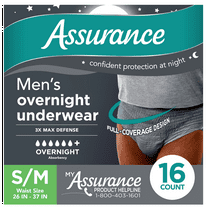 Assurance Men's Overnight Incontinence Underwear, S/M , Ultimate Absorbency (16 Count)