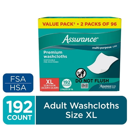 Assurance Premium XL Washcloths for Adults, Disposable & Pre-Moistened (192 Count)