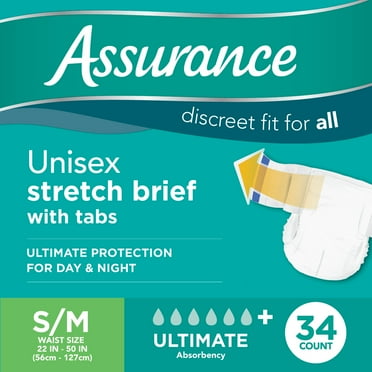 Assurance Unisex Incontinence Stretch Briefs with Tabs for Adults, S/M , Ultimate Absorbency, 34 Count