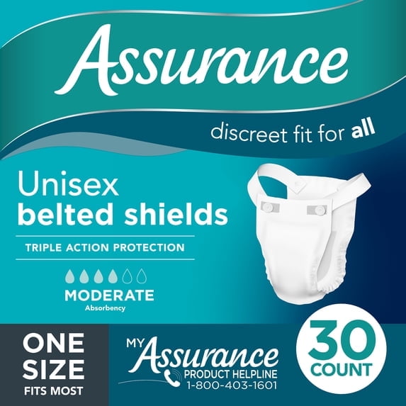 Assurance Unisex Incontinence Belted Shields, Moderate Absorbency, 30 Count,One Size Fits Most