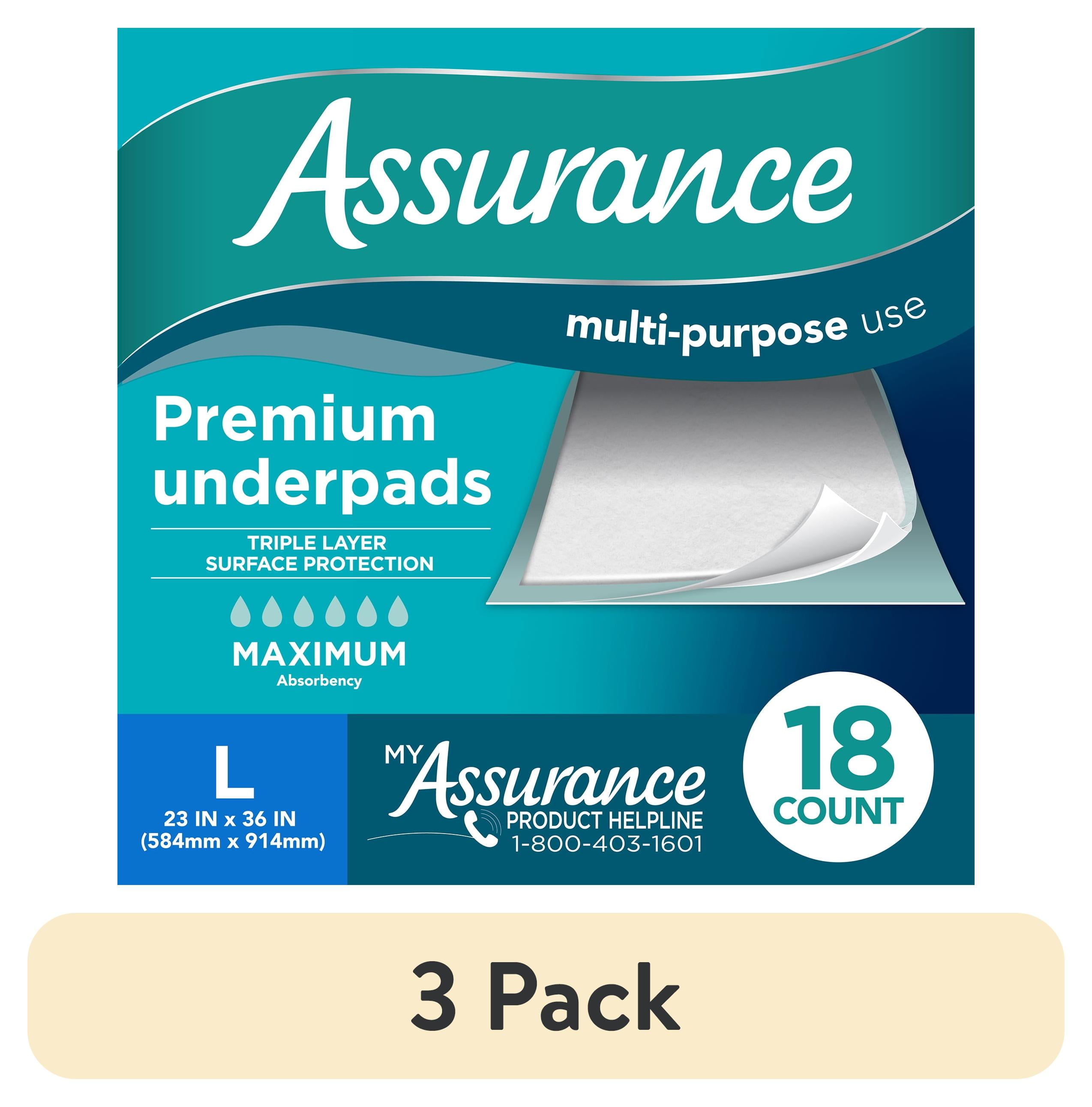 (3 pack) Assurance Maximum Absorbency Unisex Premium Underpad, L, 18 count