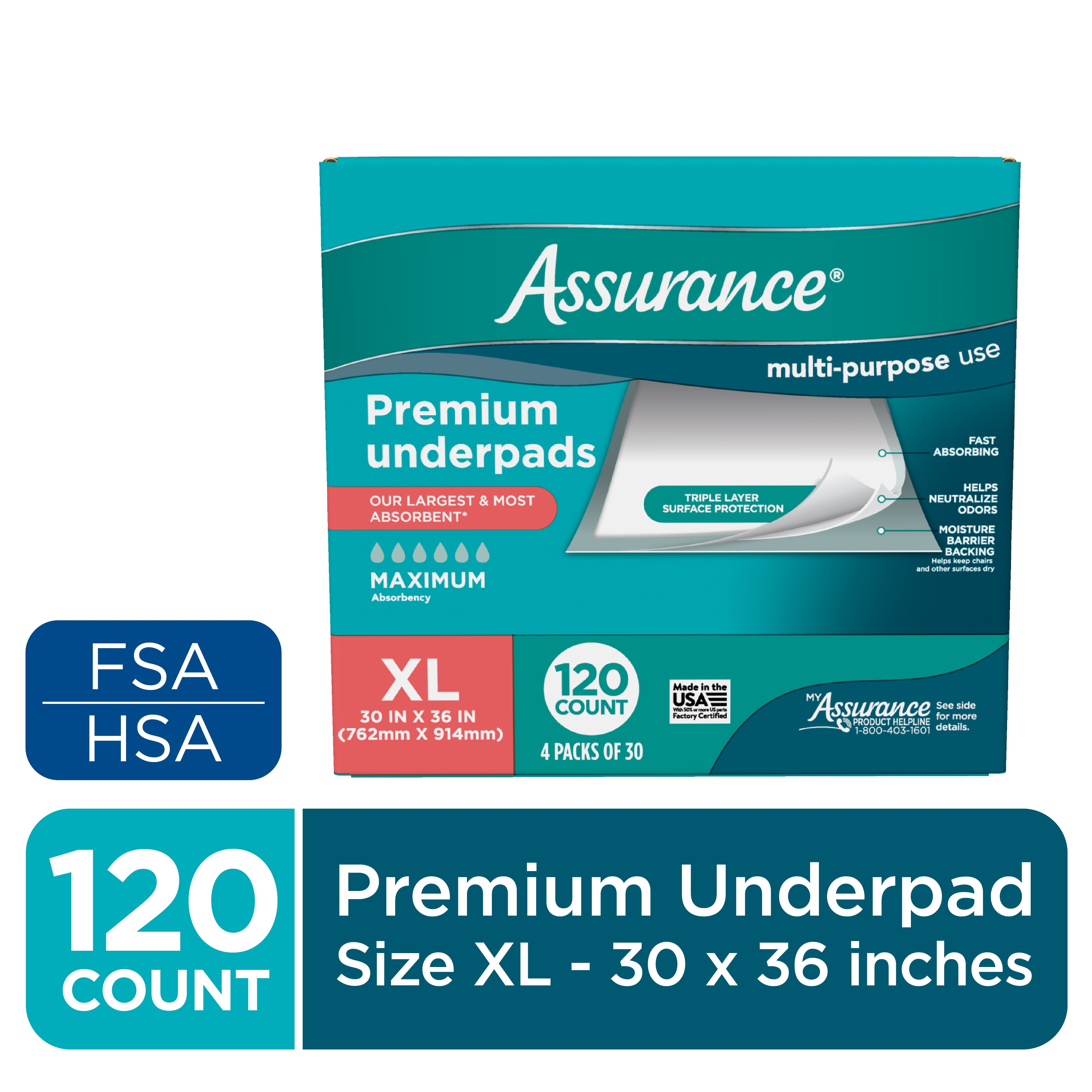 Assurance Unisex Premium Underpad, Maximum Absorbency, Extra Large 30" x 36" (120 Count)
