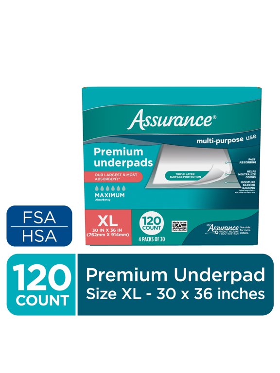 Unisex Premium Underpad, Maximum Absorbency, Extra Large 30" x 36" (120 Count)