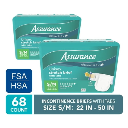 Assurance Unisex Stretch Briefs with Tabs, S/M, 68 Count