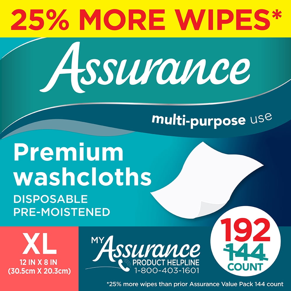 Assurance Premium Disposable & Pre-moistened Washcloths, XL,192 Count