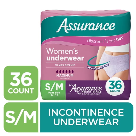 Assurance Women's Incontinence and Postpartum Underwear, S/M, Maximum Absorbency, 36 Count
