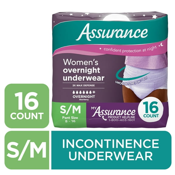 Assurance Women's Overnight Incontinence & Postpartum Underwear, S/M, Ultimate Absorbency (16 Count)