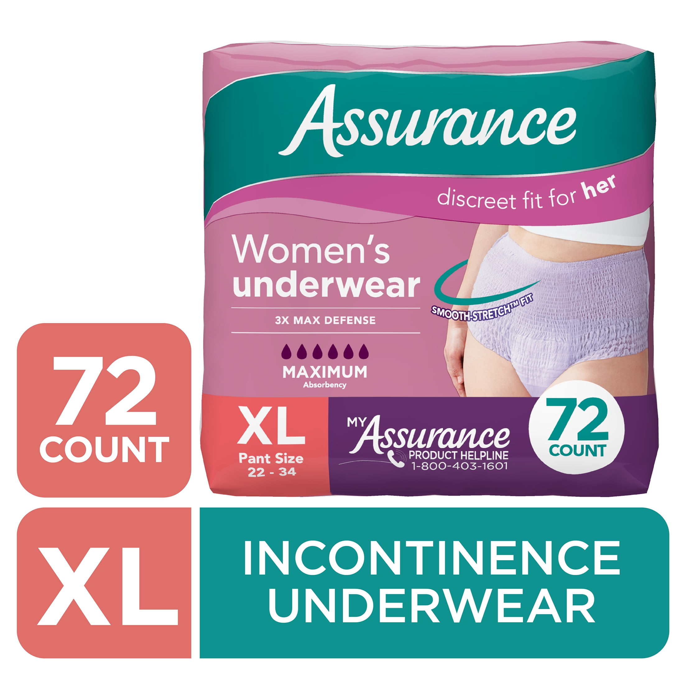 Assurance Women's Incontinence & Postpartum Underwear, X-Large , Maximum Absorbency, 72 Count