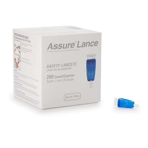 Assure Push-Button Safety Lancet, Low Flow - 25 Gauge, 2 mm, 200 Count, 200 Packs, 200 Total