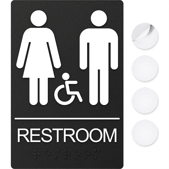 Assured Signs Restroom Sign for Wall | Bathroom Signs | 9 by 6" | Black Acrylic | ADA Compliant with Braille | Includes Adhesives | Ideal for Office or Home