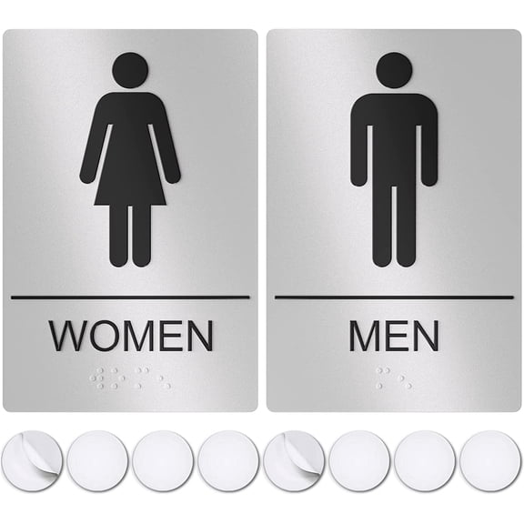 Assured Signs Restroom Sign for Wall | Bathroom Signs | 9 by 6" | Silver Acrylic | ADA Compliant with Braille | Includes Adhesives | Ideal for Office or Home