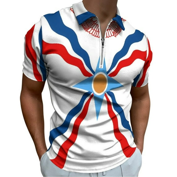 Assyrian Flag Men Zipper T-shirt Summer Casual Short Sleeve T-shirt Top