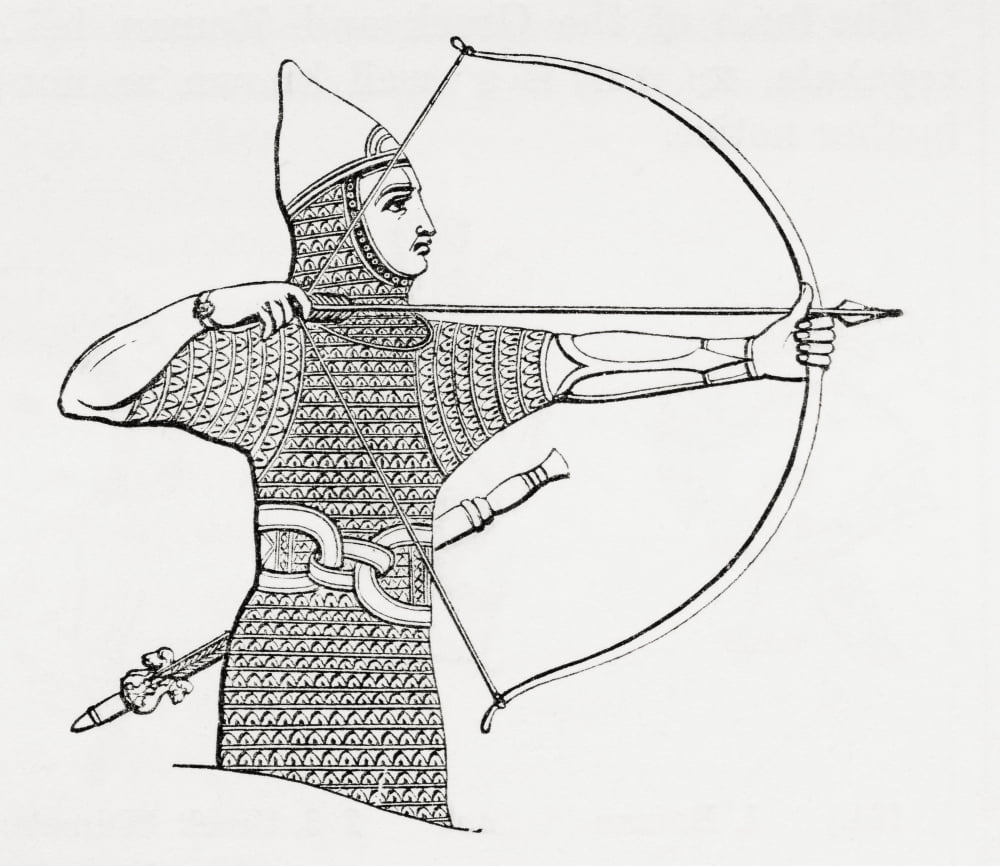 Assyrian archer wearing a cuirass From The Imperial Bible Dictionary published 1889 Canvas Art - Ken Welsh Design Pics (28 x 24)