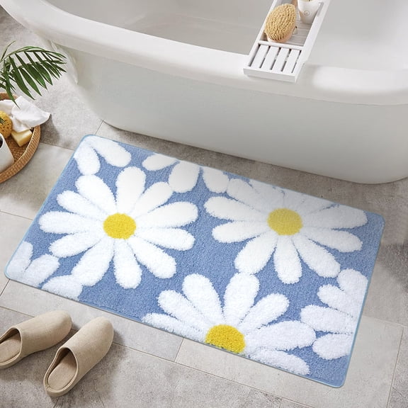 Astarin Bathroom Rugs, Extra Soft Cute Daisy Bath Mats, Absorbent Non-Slip Microfiber Shaggy Thick Carpet, Waterproof Back/Machine Washable for Tub, and Shower, Flower Decor Rug, (24"×36", Blue)
