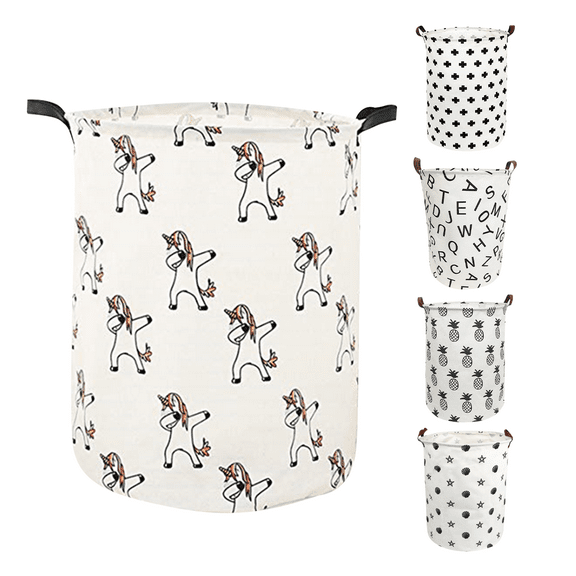 Astarin Collapsible Baby Laundry Baskets, Canvas Dirty Clothes Hamper, Dorm Essentials for Girls, Waterproof Toy Basket with Handle, for Nursery, Home Decor, Unicorn