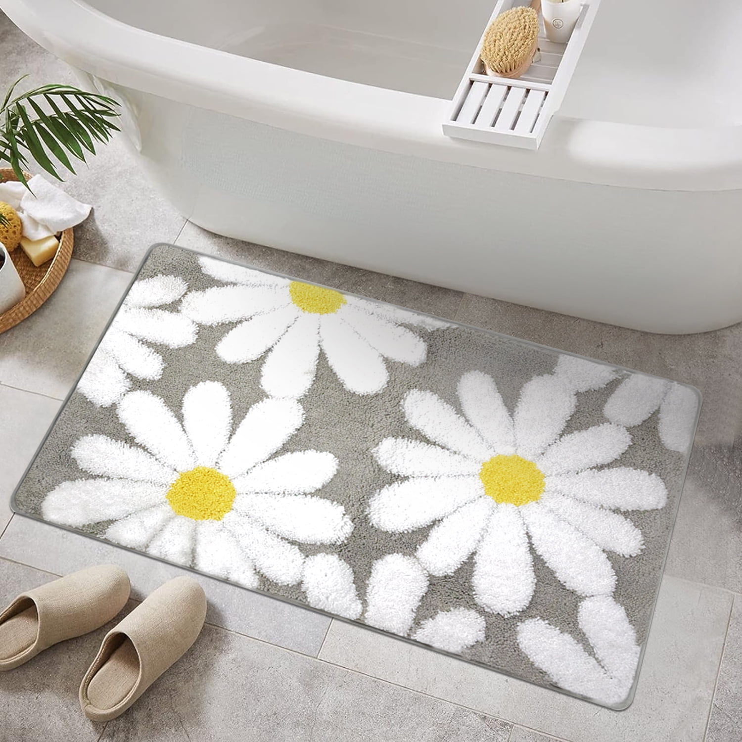 Astarin Extra Soft Cute Daisy Gray Bathroom Rugs,Absorbent Non-Slip Bath  Mats Microfiber Shaggy Thick Carpet,Waterproof Back/Machine Washable for  Tub, Bathroom and Shower(16×24, Gray) 