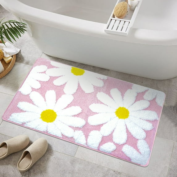 Astarin Extra Soft Cute Daisy Pink Bathroom Rugs,Absorbent Non-Slip Bath Mats Microfiber Shaggy Thick Carpet,Waterproof Back/Machine Washable for Tub, Bathroom and Shower(24"×48", Pink)
