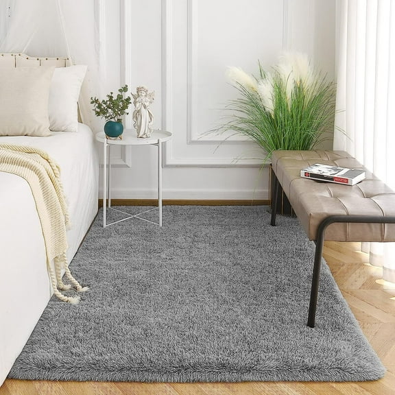 Astarin Fluffy Shag Gray Solid Print Area Rug, 2' x 3'