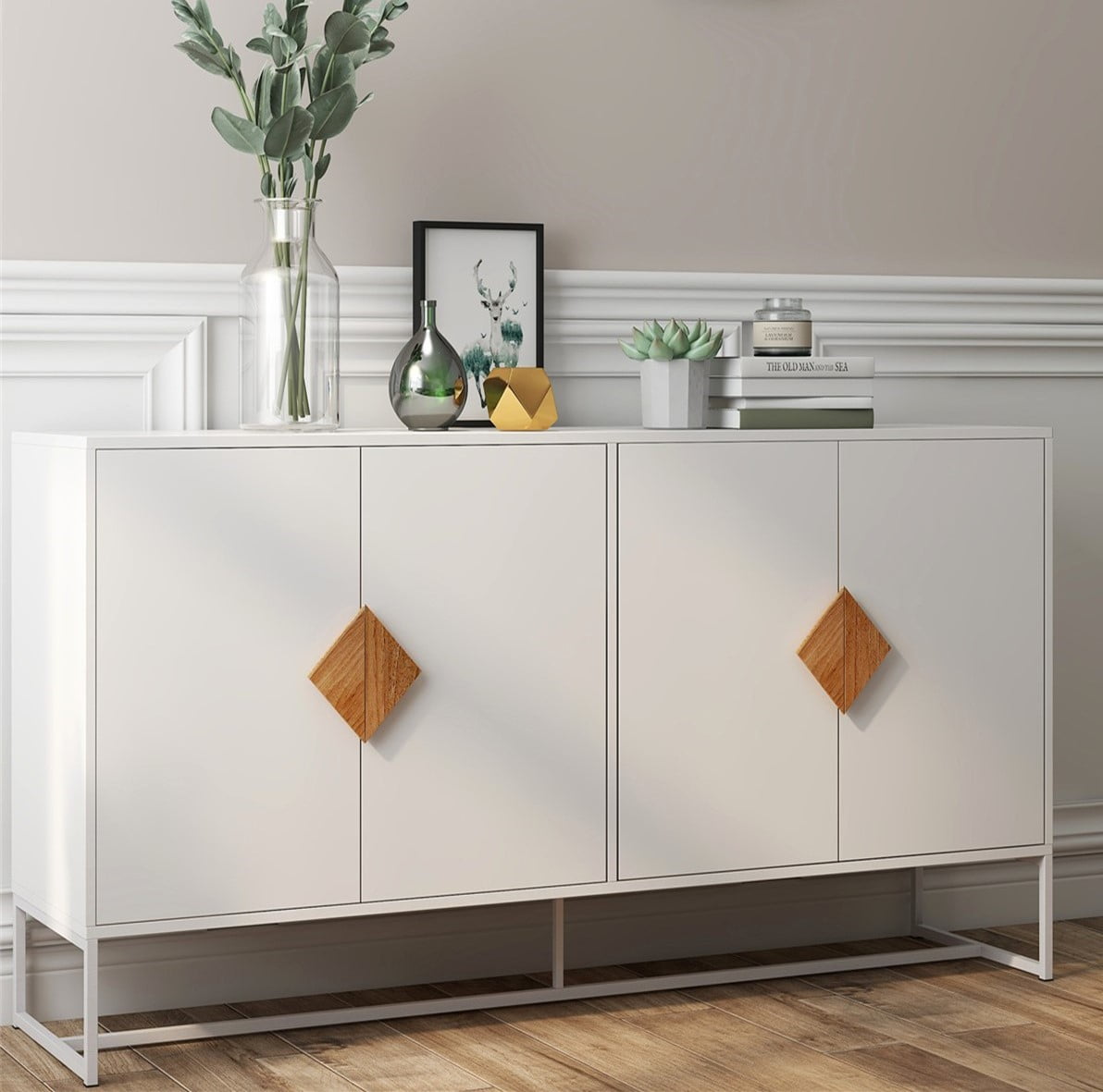  Aisurun Storage Cabinet Sideboard Buffet Cabinet Storage  Cupboard with 4 Doors & Square Metal Legs for Living Room Kitchen Entryway  (White) - Buffets & Sideboards