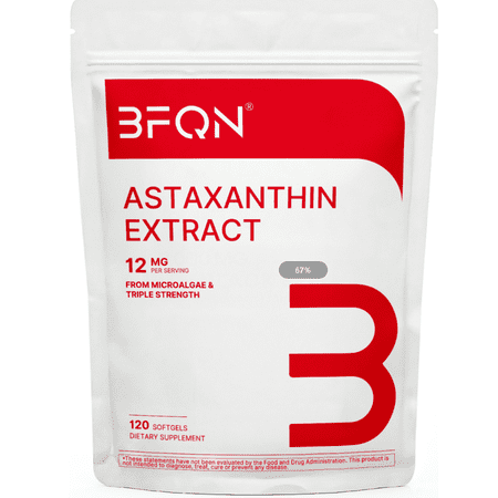 BFQN Astaxanthin 12mg Softgels – Premium Antioxidant Supplement from Fresh Microalgae, Triple Strength, Non-GMO & Gluten-Free, 120 Softgels (4-Month Supply)