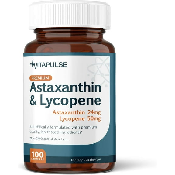 Astaxanthin 24mg with Lycopene 50mg Supplement, 100 Vegetarian Capsules, Non-GMO, Gluten Free