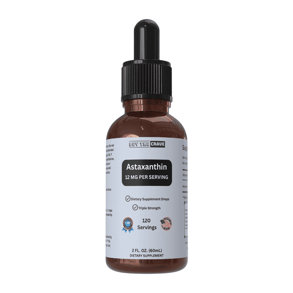 Astaxanthin Liquid Drops Infused with Cold Pressed Extra Virgin Olive Oil 12mg per Serving Natural Antioxidant Support 2 fl oz Dropper Bottle Vegan, Non-GMO