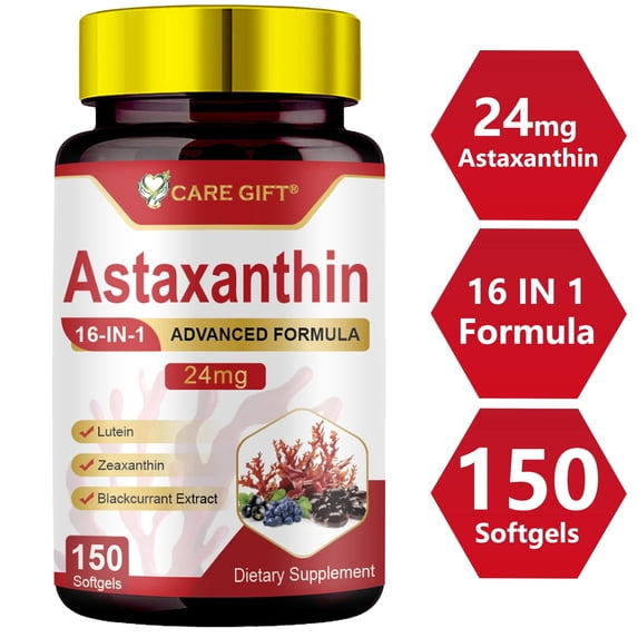 Astaxanthin Supplements 24mg 150 Softgels | 16 in 1 Astaxanthin Antioxidant Supplement w/ Lutein Zeaxanthin Blackcurrant Extract Supports Eye Skin Joint Brain Heart Immune Support
