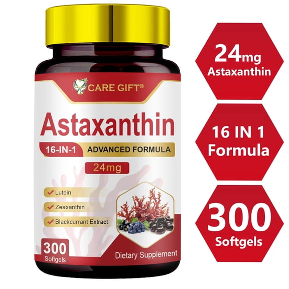 Astaxanthin Supplements 24mg 300 Softgels | 16 in 1 Astaxanthin Antioxidant Supplement w/ Lutein Zeaxanthin Blackcurrant Extract Supports Eye Skin Joint Brain Heart Immune Support
