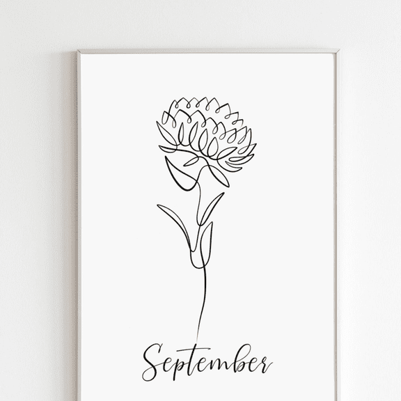 Aster Birth Flower September Floral Line Art Poster, Unframed Paper Poster 8x10in