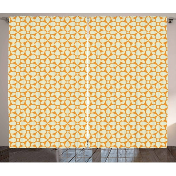 Aster Curtains 2 Panels Set, Abstract Floral Pattern with Geometric Retro Circular Figures Vintage Pattern, Window Drapes for Living Room Bedroom, 108W X 63L Inches, Cream Marigold, by Ambesonne